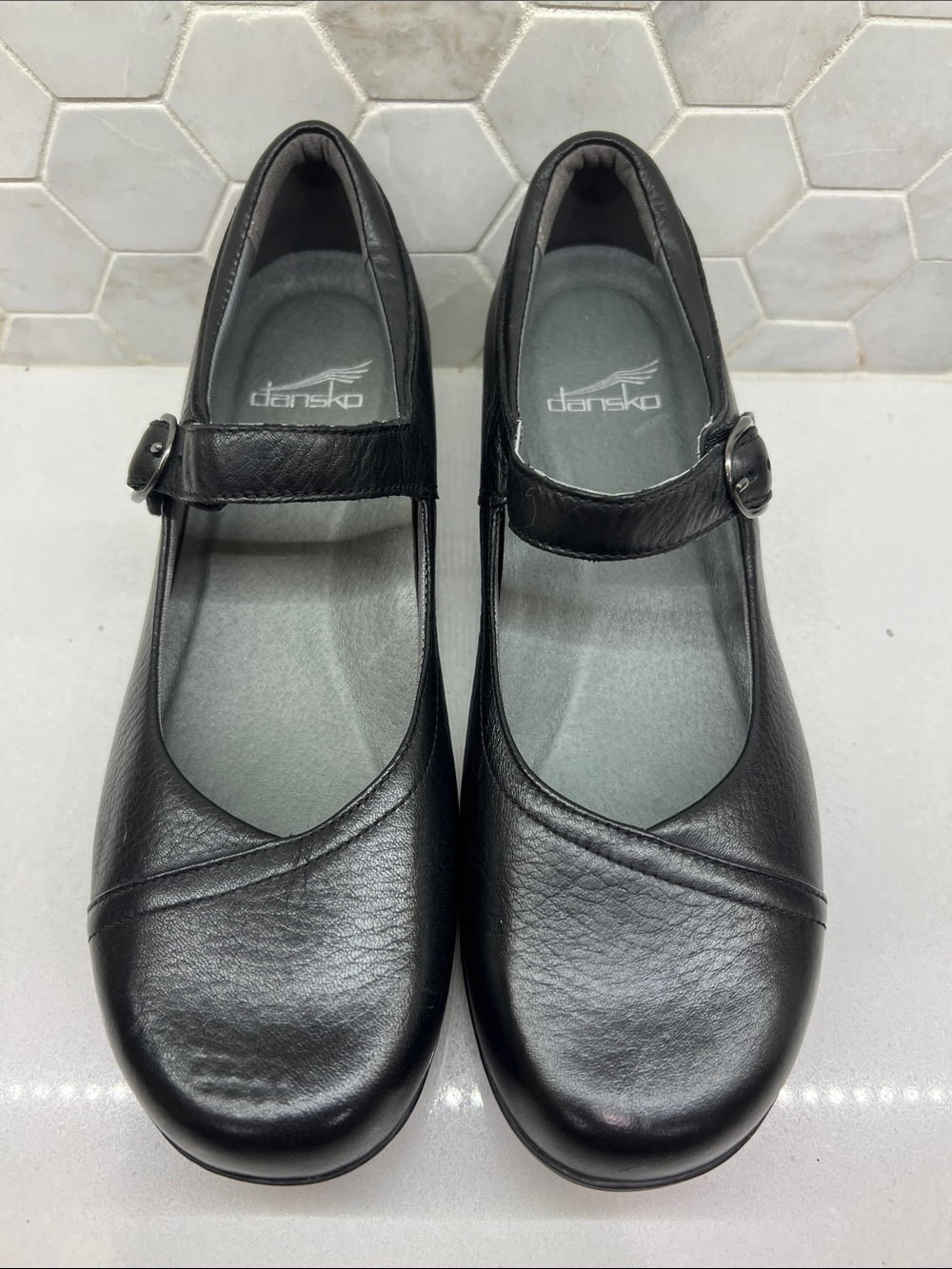Dansko Women's Fawna Black Leather Mary Jane Low Wedge Pumps Comfort Shoes Sz 38